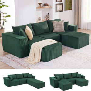 135.4" Cloud Couch Sectional, Modular Sofa with Deep Seat, Plush Corduroy U Shaped Boneless Couch, Convertible Sectional Couches for Living Room, 6Seat, Black