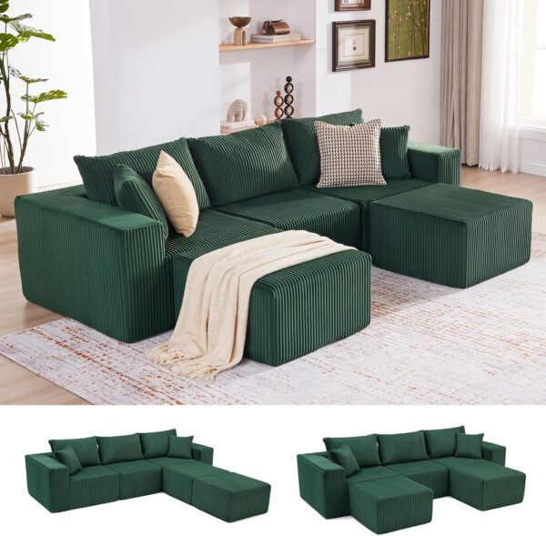 135.4" Cloud Couch Sectional, Modular Sofa with Deep Seat, Plush Corduroy U Shaped Boneless Couch, Convertible Sectional Couches for Living Room, 6Seat, Black