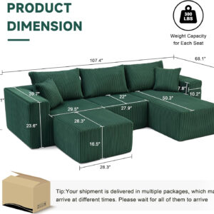 135.4" Cloud Couch Sectional, Modular Sofa with Deep Seat, Plush Corduroy U Shaped Boneless Couch, Convertible Sectional Couches for Living Room, 6Seat, Black