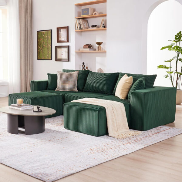 135.4" Cloud Couch Sectional, Modular Sofa with Deep Seat, Plush Corduroy U Shaped Boneless Couch, Convertible Sectional Couches for Living Room, 6Seat, Black