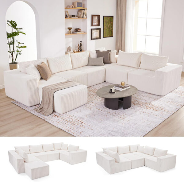 135.4" Cloud Couch Sectional, Modular Sofa with Deep Seat, Plush Corduroy U Shaped Boneless Couch, Convertible Sectional Couches for Living Room, 6Seat, Black