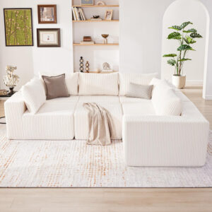 135.4" Cloud Couch Sectional, Modular Sofa with Deep Seat, Plush Corduroy U Shaped Boneless Couch, Convertible Sectional Couches for Living Room, 6Seat, Black