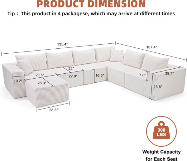 135.4" Cloud Couch Sectional, Modular Sofa with Deep Seat, Plush Corduroy U Shaped Boneless Couch, Convertible Sectional Couches for Living Room, 6Seat, Black