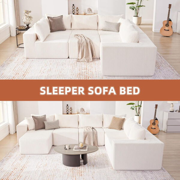 135.4" Cloud Couch Sectional, Modular Sofa with Deep Seat, Plush Corduroy U Shaped Boneless Couch, Convertible Sectional Couches for Living Room, 6Seat, Black