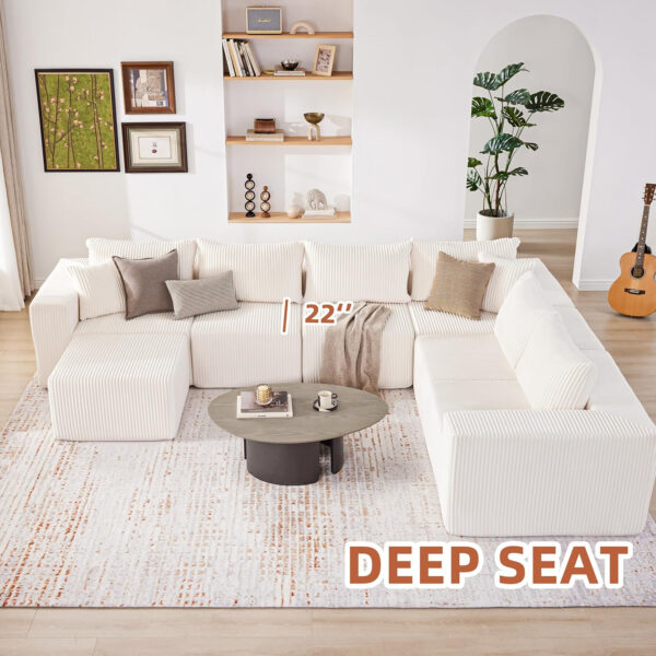 135.4" Cloud Couch Sectional, Modular Sofa with Deep Seat, Plush Corduroy U Shaped Boneless Couch, Convertible Sectional Couches for Living Room, 6Seat, Black