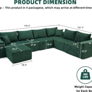 135.4" Cloud Couch Sectional, Modular Sofa with Deep Seat, Plush Corduroy U Shaped Boneless Couch, Convertible Sectional Couches for Living Room, 6Seat, Black
