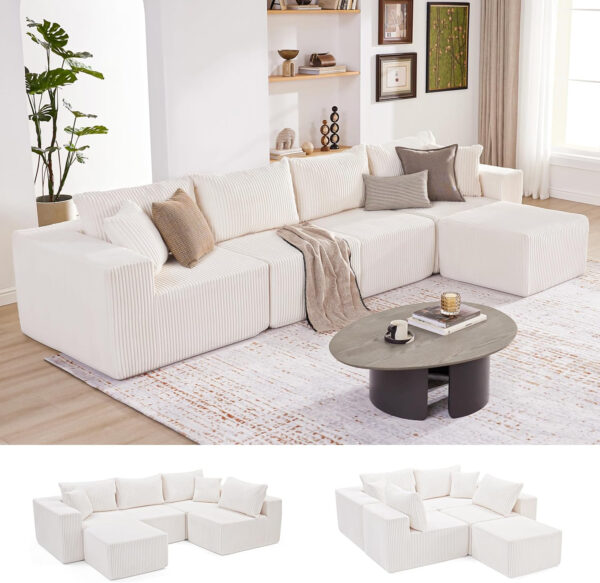 135.4" Cloud Couch Sectional, Modular Sofa with Deep Seat, Plush Corduroy U Shaped Boneless Couch, Convertible Sectional Couches for Living Room, 6Seat, Black