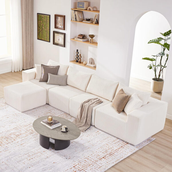 135.4" Cloud Couch Sectional, Modular Sofa with Deep Seat, Plush Corduroy U Shaped Boneless Couch, Convertible Sectional Couches for Living Room, 6Seat, Black