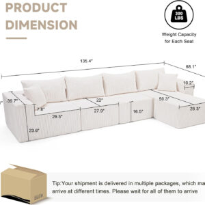 135.4" Cloud Couch Sectional, Modular Sofa with Deep Seat, Plush Corduroy U Shaped Boneless Couch, Convertible Sectional Couches for Living Room, 6Seat, Black