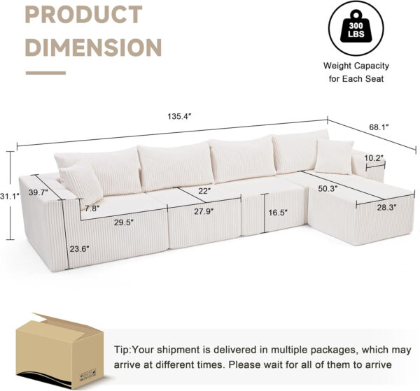 135.4" Cloud Couch Sectional, Modular Sofa with Deep Seat, Plush Corduroy U Shaped Boneless Couch, Convertible Sectional Couches for Living Room, 6Seat, Black