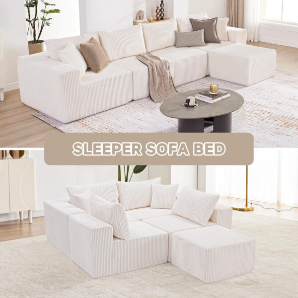 135.4" Cloud Couch Sectional, Modular Sofa with Deep Seat, Plush Corduroy U Shaped Boneless Couch, Convertible Sectional Couches for Living Room, 6Seat, Black