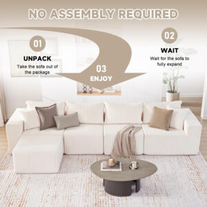 135.4" Cloud Couch Sectional, Modular Sofa with Deep Seat, Plush Corduroy U Shaped Boneless Couch, Convertible Sectional Couches for Living Room, 6Seat, Black