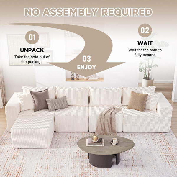 135.4" Cloud Couch Sectional, Modular Sofa with Deep Seat, Plush Corduroy U Shaped Boneless Couch, Convertible Sectional Couches for Living Room, 6Seat, Black