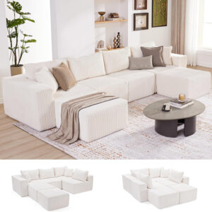 135.4" Cloud Couch Sectional, Modular Sofa with Deep Seat, Plush Corduroy U Shaped Boneless Couch, Convertible Sectional Couches for Living Room, 6Seat, Black