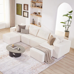 135.4" Cloud Couch Sectional, Modular Sofa with Deep Seat, Plush Corduroy U Shaped Boneless Couch, Convertible Sectional Couches for Living Room, 6Seat, Black