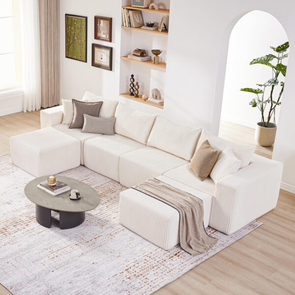 135.4" Cloud Couch Sectional, Modular Sofa with Deep Seat, Plush Corduroy U Shaped Boneless Couch, Convertible Sectional Couches for Living Room, 6Seat, Black