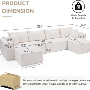 135.4" Cloud Couch Sectional, Modular Sofa with Deep Seat, Plush Corduroy U Shaped Boneless Couch, Convertible Sectional Couches for Living Room, 6Seat, Black