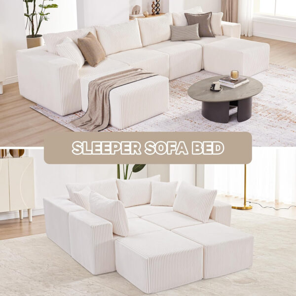 135.4" Cloud Couch Sectional, Modular Sofa with Deep Seat, Plush Corduroy U Shaped Boneless Couch, Convertible Sectional Couches for Living Room, 6Seat, Black