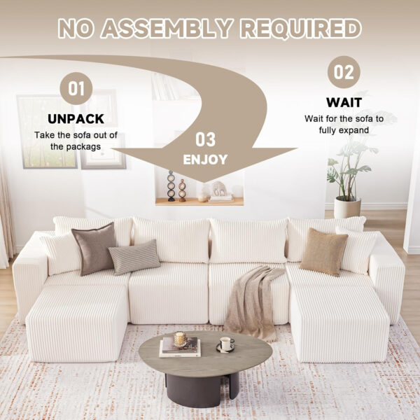 135.4" Cloud Couch Sectional, Modular Sofa with Deep Seat, Plush Corduroy U Shaped Boneless Couch, Convertible Sectional Couches for Living Room, 6Seat, Black