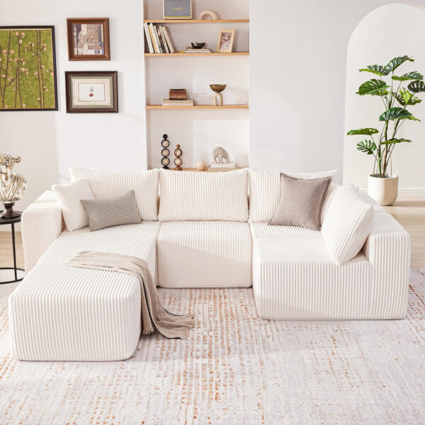 135.4" Cloud Couch Sectional, Modular Sofa with Deep Seat, Plush Corduroy U Shaped Boneless Couch, Convertible Sectional Couches for Living Room, 6Seat, Black