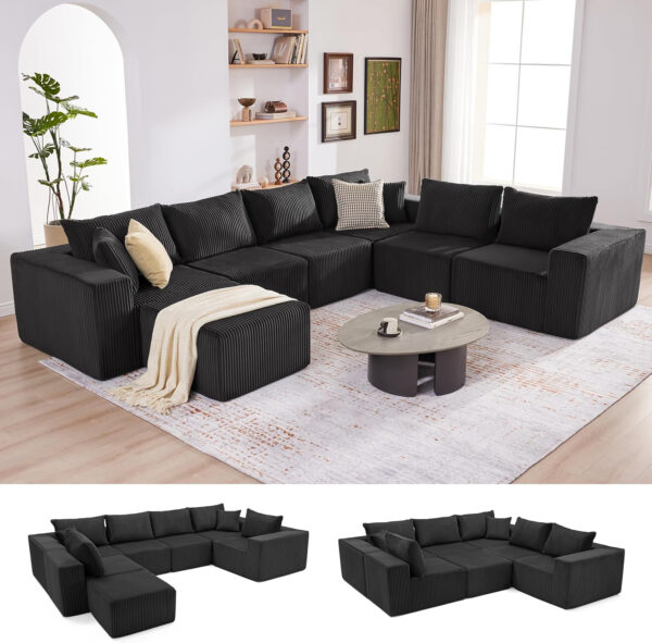 135.4" Cloud Couch Sectional, Modular Sofa with Deep Seat, Plush Corduroy U Shaped Boneless Couch, Convertible Sectional Couches for Living Room, 6Seat, Black