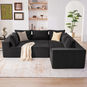 135.4" Cloud Couch Sectional, Modular Sofa with Deep Seat, Plush Corduroy U Shaped Boneless Couch, Convertible Sectional Couches for Living Room, 6Seat, Black