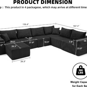 135.4" Cloud Couch Sectional, Modular Sofa with Deep Seat, Plush Corduroy U Shaped Boneless Couch, Convertible Sectional Couches for Living Room, 6Seat, Black