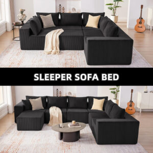 135.4" Cloud Couch Sectional, Modular Sofa with Deep Seat, Plush Corduroy U Shaped Boneless Couch, Convertible Sectional Couches for Living Room, 6Seat, Black