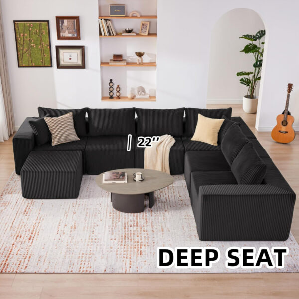 135.4" Cloud Couch Sectional, Modular Sofa with Deep Seat, Plush Corduroy U Shaped Boneless Couch, Convertible Sectional Couches for Living Room, 6Seat, Black