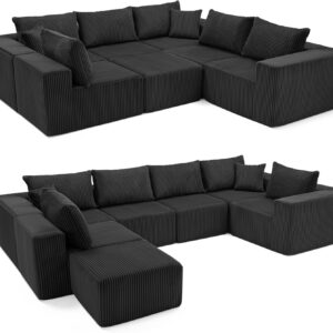 135.4" Cloud Couch Sectional, Modular Sofa with Deep Seat, Plush Corduroy U Shaped Boneless Couch, Convertible Sectional Couches for Living Room, 6Seat, Black