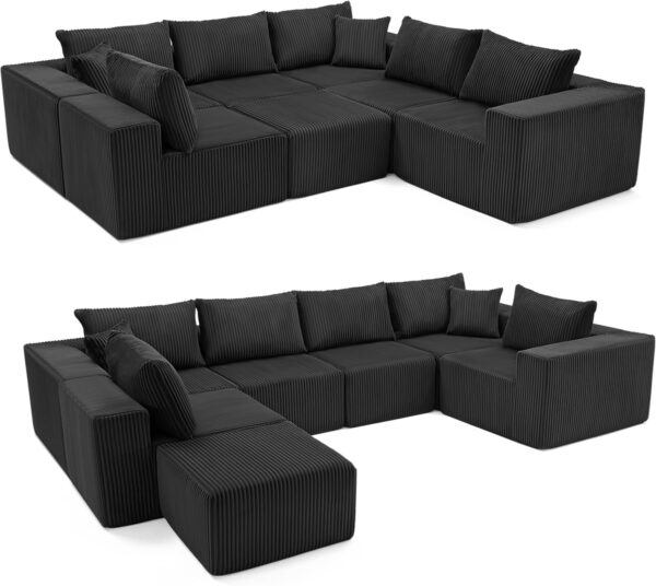135.4" Cloud Couch Sectional, Modular Sofa with Deep Seat, Plush Corduroy U Shaped Boneless Couch, Convertible Sectional Couches for Living Room, 6Seat, Black