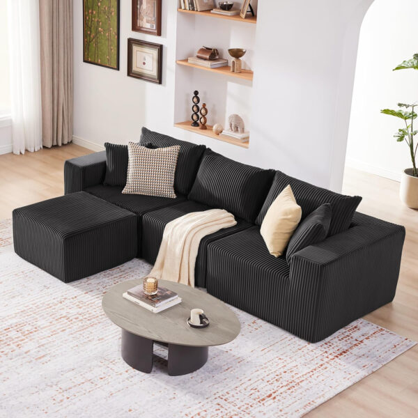 135.4" Cloud Couch Sectional, Modular Sofa with Deep Seat, Plush Corduroy U Shaped Boneless Couch, Convertible Sectional Couches for Living Room, 6Seat, Black
