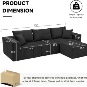 135.4" Cloud Couch Sectional, Modular Sofa with Deep Seat, Plush Corduroy U Shaped Boneless Couch, Convertible Sectional Couches for Living Room, 6Seat, Black