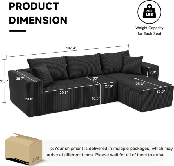 135.4" Cloud Couch Sectional, Modular Sofa with Deep Seat, Plush Corduroy U Shaped Boneless Couch, Convertible Sectional Couches for Living Room, 6Seat, Black