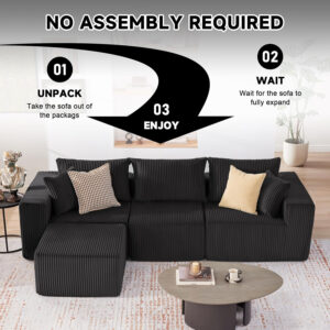 135.4" Cloud Couch Sectional, Modular Sofa with Deep Seat, Plush Corduroy U Shaped Boneless Couch, Convertible Sectional Couches for Living Room, 6Seat, Black