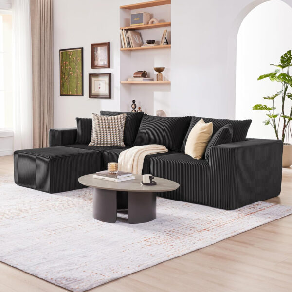 135.4" Cloud Couch Sectional, Modular Sofa with Deep Seat, Plush Corduroy U Shaped Boneless Couch, Convertible Sectional Couches for Living Room, 6Seat, Black