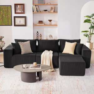 135.4" Cloud Couch Sectional, Modular Sofa with Deep Seat, Plush Corduroy U Shaped Boneless Couch, Convertible Sectional Couches for Living Room, 6Seat, Black