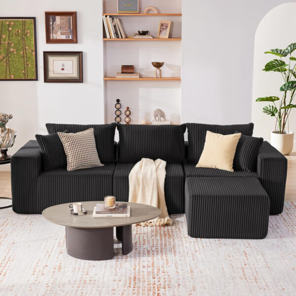 135.4" Cloud Couch Sectional, Modular Sofa with Deep Seat, Plush Corduroy U Shaped Boneless Couch, Convertible Sectional Couches for Living Room, 6Seat, Black