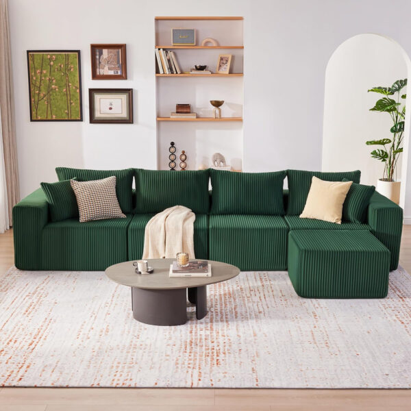 135.4" Cloud Couch Sectional, Modular Sofa with Deep Seat, Plush Corduroy U Shaped Boneless Couch, Convertible Sectional Couches for Living Room, 6Seat, Black