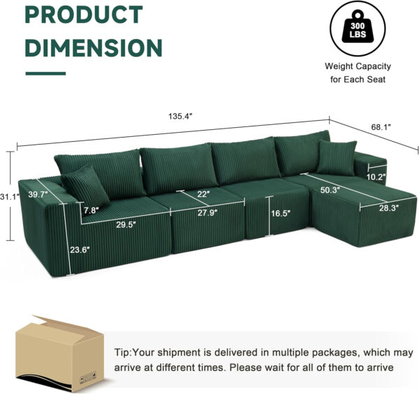 135.4" Cloud Couch Sectional, Modular Sofa with Deep Seat, Plush Corduroy U Shaped Boneless Couch, Convertible Sectional Couches for Living Room, 6Seat, Black
