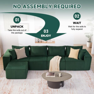 135.4" Cloud Couch Sectional, Modular Sofa with Deep Seat, Plush Corduroy U Shaped Boneless Couch, Convertible Sectional Couches for Living Room, 6Seat, Black