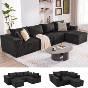 135.4" Cloud Couch Sectional, Modular Sofa with Deep Seat, Plush Corduroy U Shaped Boneless Couch, Convertible Sectional Couches for Living Room, 6Seat, Black