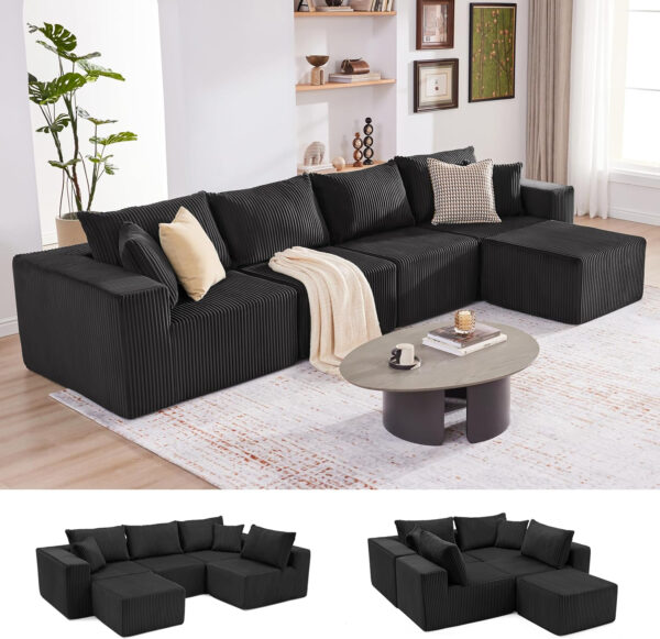 135.4" Cloud Couch Sectional, Modular Sofa with Deep Seat, Plush Corduroy U Shaped Boneless Couch, Convertible Sectional Couches for Living Room, 6Seat, Black