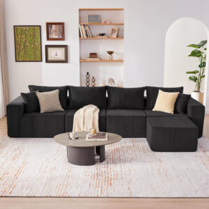135.4" Cloud Couch Sectional, Modular Sofa with Deep Seat, Plush Corduroy U Shaped Boneless Couch, Convertible Sectional Couches for Living Room, 6Seat, Black
