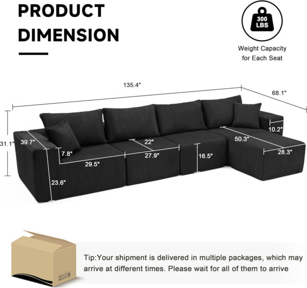 135.4" Cloud Couch Sectional, Modular Sofa with Deep Seat, Plush Corduroy U Shaped Boneless Couch, Convertible Sectional Couches for Living Room, 6Seat, Black