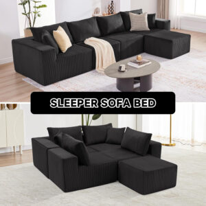 135.4" Cloud Couch Sectional, Modular Sofa with Deep Seat, Plush Corduroy U Shaped Boneless Couch, Convertible Sectional Couches for Living Room, 6Seat, Black