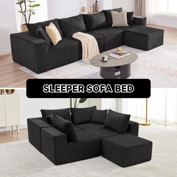 135.4" Cloud Couch Sectional, Modular Sofa with Deep Seat, Plush Corduroy U Shaped Boneless Couch, Convertible Sectional Couches for Living Room, 6Seat, Black