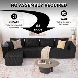 135.4" Cloud Couch Sectional, Modular Sofa with Deep Seat, Plush Corduroy U Shaped Boneless Couch, Convertible Sectional Couches for Living Room, 6Seat, Black