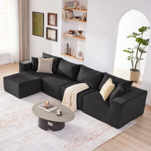 135.4" Cloud Couch Sectional, Modular Sofa with Deep Seat, Plush Corduroy U Shaped Boneless Couch, Convertible Sectional Couches for Living Room, 6Seat, Black