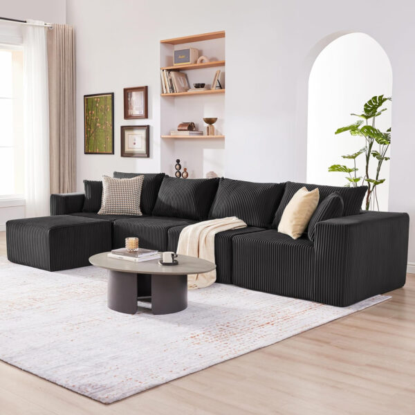 135.4" Cloud Couch Sectional, Modular Sofa with Deep Seat, Plush Corduroy U Shaped Boneless Couch, Convertible Sectional Couches for Living Room, 6Seat, Black